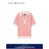 TOMMY HILFIGER24春夏女装莱赛尔微弹条纹宽松V字领短袖POLO衫76J4692 红白条纹44Q XL (:130-150斤)