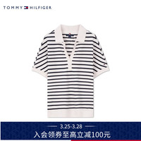 TOMMY HILFIGER24春夏女装莱赛尔微弹条纹宽松V字领短袖POLO衫76J4692 黑白条纹FAP S (:100-110斤)
