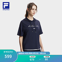 FILA 斐乐 女子针织短袖连帽上衣2024夏季运动宽松T恤 RD宝蓝-NV 170/88A/L