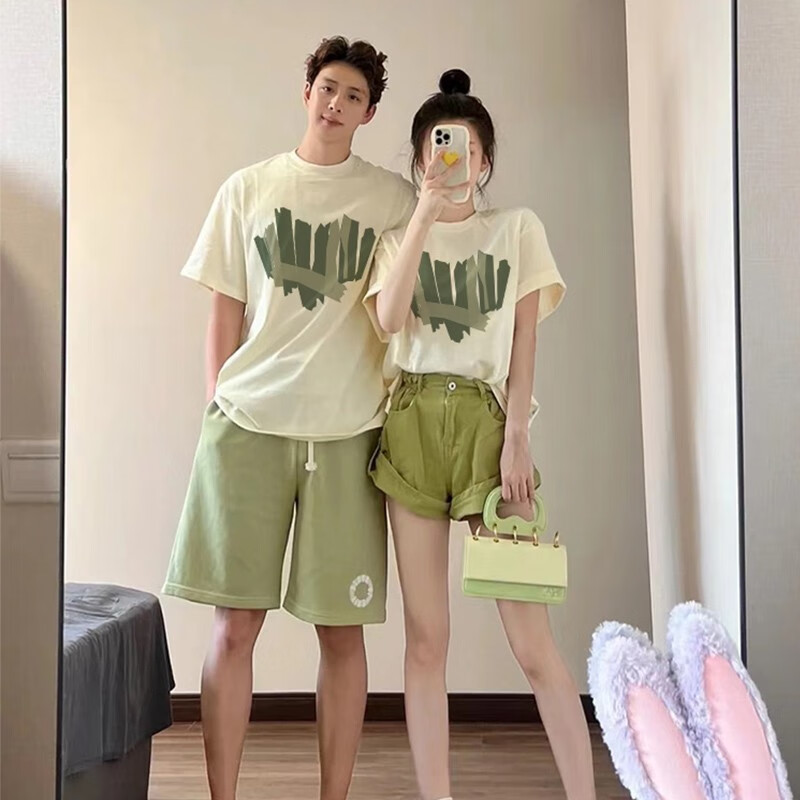 一寸相思【两件装】装夏季短袖t恤男套装潮宽松百搭高中班服 女杏+男杏 女M+男L
