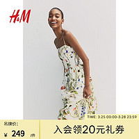 H&M女装2024春季田园风时尚亚麻混纺中长碎花连衣裙1217048 奶油色/花卉 155/80A