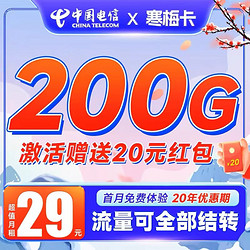 CHINA TELECOM 中国电信 寒梅卡永久29元200G+黄金速率+流量结转