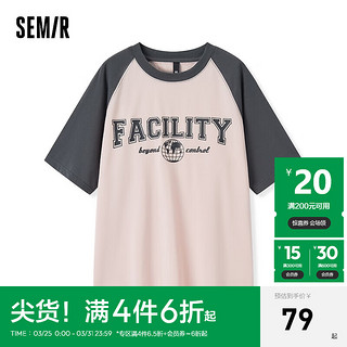 森马（Semir）短袖T恤女中长款宽松插肩袖2024夏季字母套头衫复古潮流 粉红60001 160/84A/M