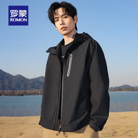 罗蒙(ROMON)男士户外连帽冲锋夹克2024春季时尚休闲百搭登山外套 黑色 170