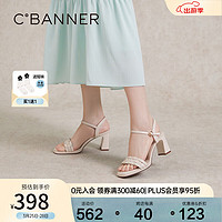 C.BANNER 千百度 织羊皮时装凉鞋女2024夏季粗高跟一字带凉鞋 米色 36