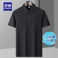 罗蒙（ROMON）5A抗菌冰丝弹力男士华夫格短袖t恤polo领中青年2024夏季上衣 黑色 185（145-160斤）