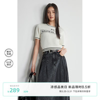 ochirly欧时力 运动风冰丝短袖针织衫女2024春装字母提花上衣 米白 S
