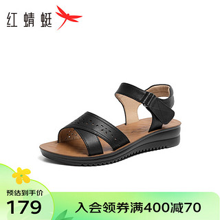 红蜻蜓凉鞋2024夏镂空中老年女凉鞋软底舒适女士平底鞋WTK24030 黑色 37
