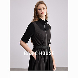 BASICHOUSE 百家好 Basic House/百家好针织拼接连衣裙女2024夏季新款收腰a字小黑裙