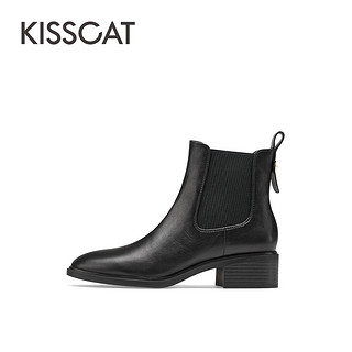 KISSCAT 接吻猫 秋冬季新款短靴子简约烟筒靴复古显瘦尖头小个子切尔西靴女