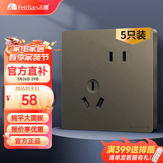 FEIDIAO 飞雕 开关插座面板暗装86型五孔插座空调网线家用全屋套餐 带USB 纯平 斜五孔插座 5只装（优先发货） 荧光灰