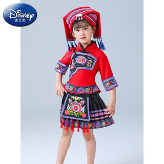 迪士尼（Disney）广西三月三女童民族服壮族苗族土家族舞蹈服儿童少数民族演出服新 红色刺绣款+小头饰 130cm