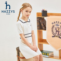 哈吉斯 品牌童装女童连衣裙2024夏季花边翻领舒适泡泡袖复古POLO裙 藏蓝 105