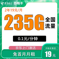 CHINA TELECOM 中国电信 苏梅卡 2年19元月租（235G全国流量+不限速+0.1元/分钟通话）