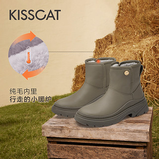 KISSCAT 接吻猫 棉鞋冬季新款时尚潮流防水短靴子休闲加绒加厚防滑雪地靴女