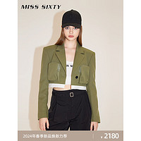 MISS SIXTY2024春季外套女西装领垫肩一粒扣工装风短款拼接 军绿 M