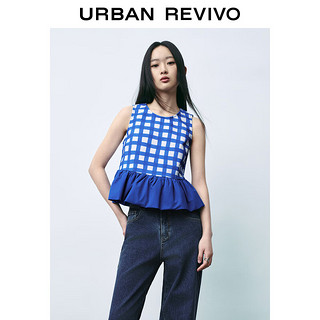 UR2024夏季女装市休闲撞色格子压褶短款罩衫衬衫UWU240034 蓝色格子 XS