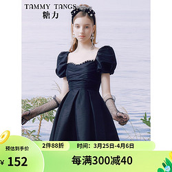 TAMMYTANGS 糖力 2022夏新款黑色小礼服女钻饰方领复古显瘦连衣裙 黑色 M