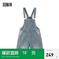 森马（Semir）牛仔裤女宽松背带裤盐系2024夏季卷边短裤复古 牛仔中蓝88201 150/58A/XS