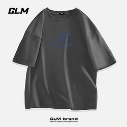 GLM 短袖t恤男纯棉夏季宽松透气青少年休闲潮牌大码T恤 中灰#JGL深蓝G 2XL