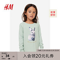 H&M 童装女童家居服初秋儿童印花柔软舒适汗布长袖上衣0922700 浅鼠尾草绿/小兔子 120/60