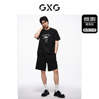 GXG男装 210g重磅图案印花简约宽松休闲短袖T恤男士 24年夏季 黑色 165/S