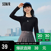 Semir 森马 长袖T恤女短款绣花修身打底衫百搭春正肩圆领针织衫101123101005 黑色90001 M