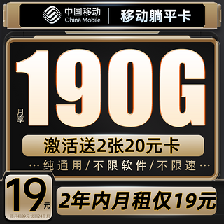 躺平卡 2年19元月租（190G流量+2年月租不变+送480元话费+流量可续）送2张20E卡