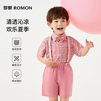 罗蒙背带格子衬衫套装粉色童装男童洋气小中童短袖衬衫夏季潮 粉色 90cm