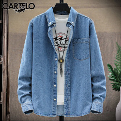 卡帝乐鳄鱼 长袖衬衫男士牛仔外套男冬季休闲衬衣男厚款上衣服 深蓝色