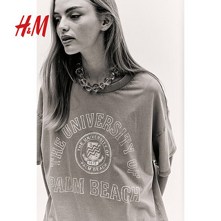 H&M2024春季女装休闲时尚宽松潮流印花大廓形图案T恤1198431 蓝色/University 155/76A