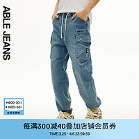 ABLE JEANS24夏季摩登复古洗水工装风宽松直筒滑板运动牛仔裤男 天缥蓝 L