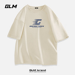 GLM 短袖t恤男纯棉夏季宽松透气青少年休闲潮牌大码T恤 浅米#JGL深蓝G 5XL