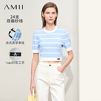 AMII2024夏新款休闲圆领条纹印花短袖毛针织衫女修身显瘦短款12442153