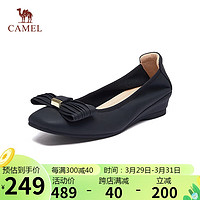 CAMEL 骆驼 浅口鞋女气质蝴蝶羊皮革方头坡跟单鞋 L24S007003 黑色 35