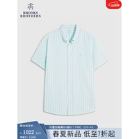 布克兄弟(BrooksBrothers)男士24春夏修身版免烫牛津纺条纹短袖休闲衬衫 4007-浅绿色 M