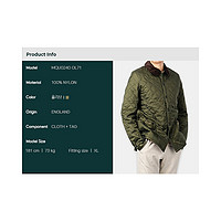 韩国barbour 男士绗缝军绿色外套夹克时尚MQU0240 OL71-B22