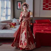 柏帝娜丝绒秀禾服新娘结婚服冬季婚纱中式嫁衣龙凤褂出阁敬酒服 红色 L