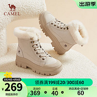 CAMEL 骆驼 冬季新款短筒厚底加绒加厚高帮棉鞋保暖马丁靴女 L23W307189米白 34