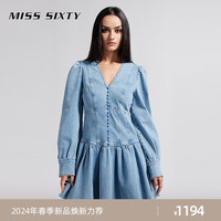 MISS SIXTY2024春季牛仔连衣裙女V领长袖短裙荷叶边甜美复古 浅蓝 XS