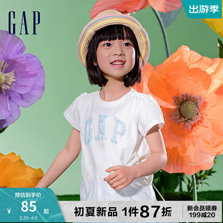 Gap女幼童2024夏季花卉印花logo泡泡短袖T恤儿童装上衣890363 白色 90cm (1-2岁)亚洲尺码