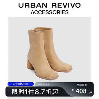 URBAN REVIVO 2024春季女士摩登圆柱粗跟方头靴UAWS40001 卡其棕 39