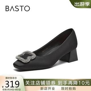 BASTO 百思图 24春时尚闪钻粗跟方头浅口女单鞋一脚蹬EA113AQ4 黑色 36