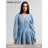 MISS SIXTY2024春季牛仔连衣裙女V领长袖短裙荷叶边甜美复古 浅蓝 M