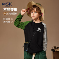 ASK JUNIOR春季男童长袖T恤休闲秋儿童印花撞色跑步打底衫 黑色 170