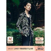 朗姿/LANCY2024春季黑白印花法式修身V领薄衬衫港风碎花外套 黑色 3XL