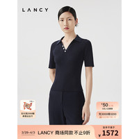 朗姿/LANCY2024夏季短袖修身坑条针织衫女气质百搭肌理感上衣 潜望镜蓝色 L