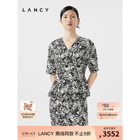 朗姿2024夏季桑蚕丝v领黑白碎花衬衫交叠领短袖收腰上衣女 夜幕黑色 L