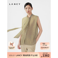朗姿2024夏季桑蚕丝印花无袖飘带衬衫气质真丝领带上衣女士 卡其绿色 2XL