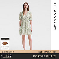 歌力思（ELLASSAY）2024夏季印花薄荷曼波茶歇裙收腰v领连衣裙女EWB352Y05000 绿混搭 S